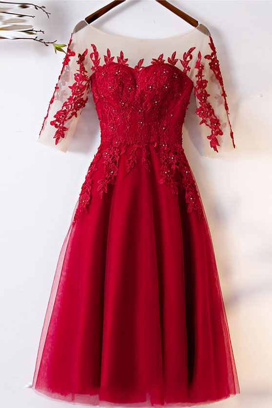 Burgundy tulle lace short prom dress, burgundy evening dress