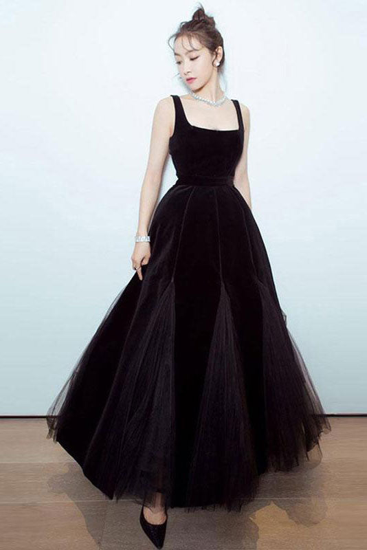 Simple black tulle long prom dress black evening dress