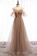 Champagne tulle sequin long prom dress tulle formal dress