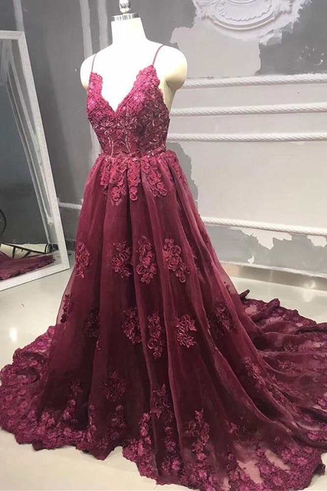 Burgundy tulle lace long prom dress, burgundy evening dress