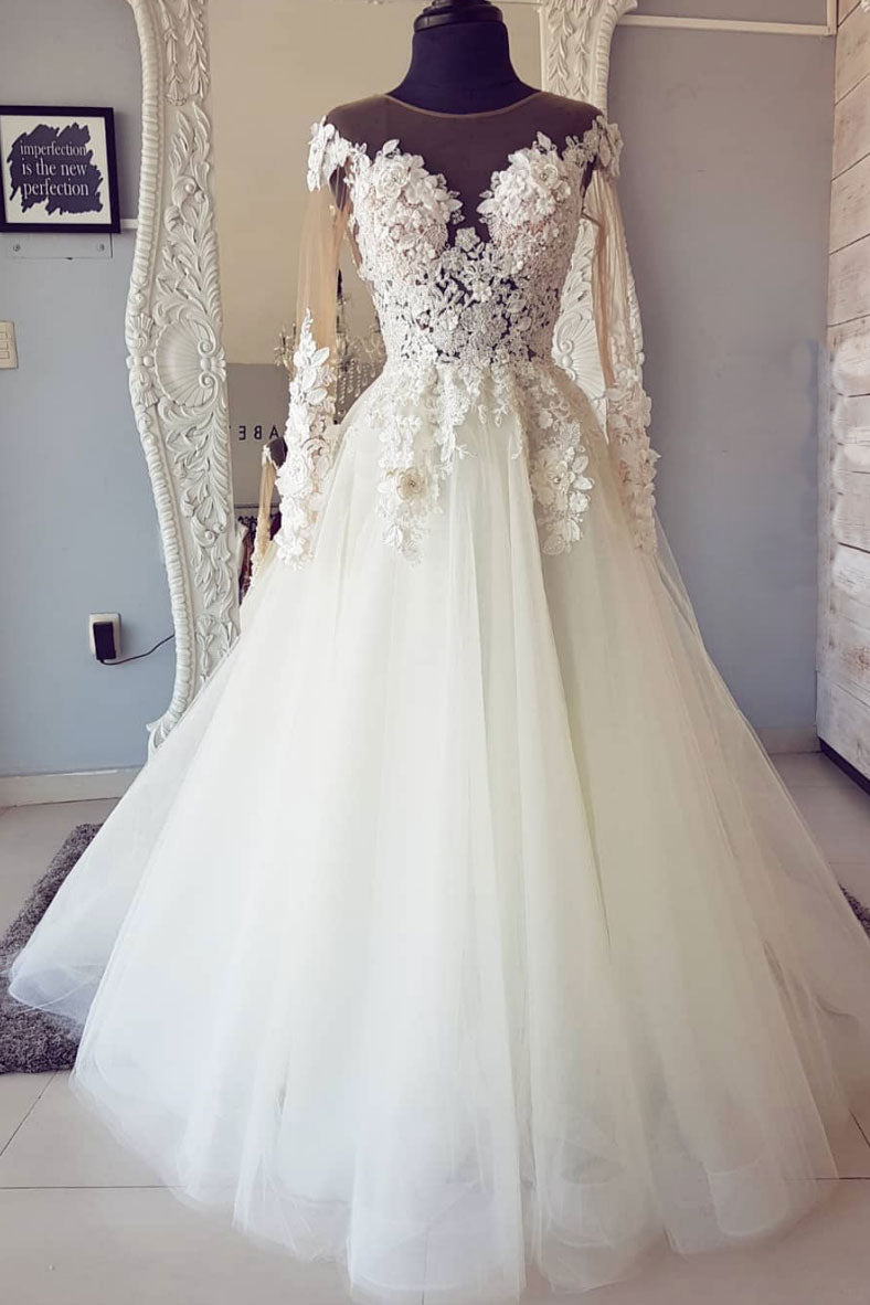 White round neck tulle lace long prom dress, white tulle long wedding dress