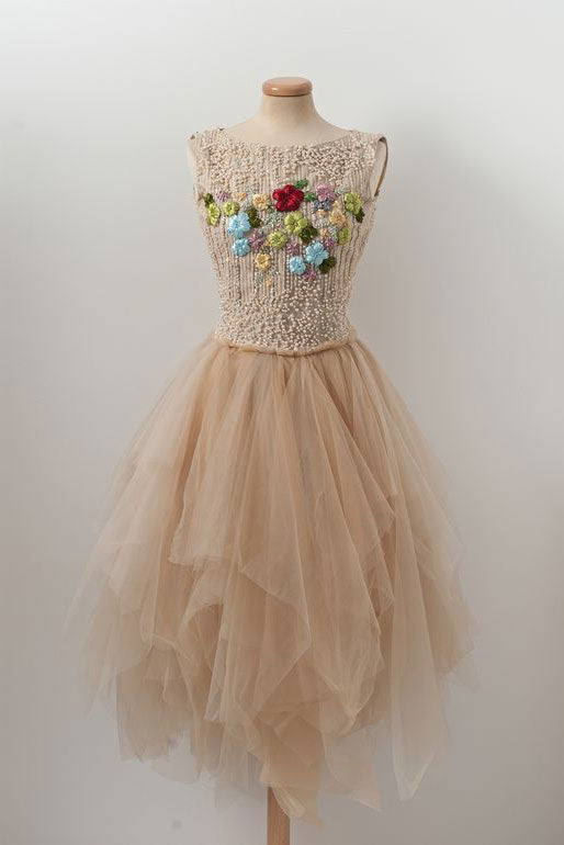 Champagne tulle beads short prom dress, champagne tulle homecoming dress