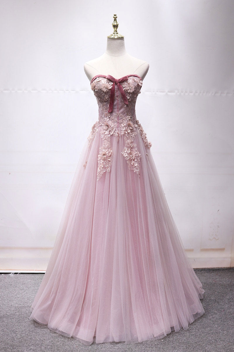 Pink sweetheart tulle lace long prom dress, pink lace evening dress