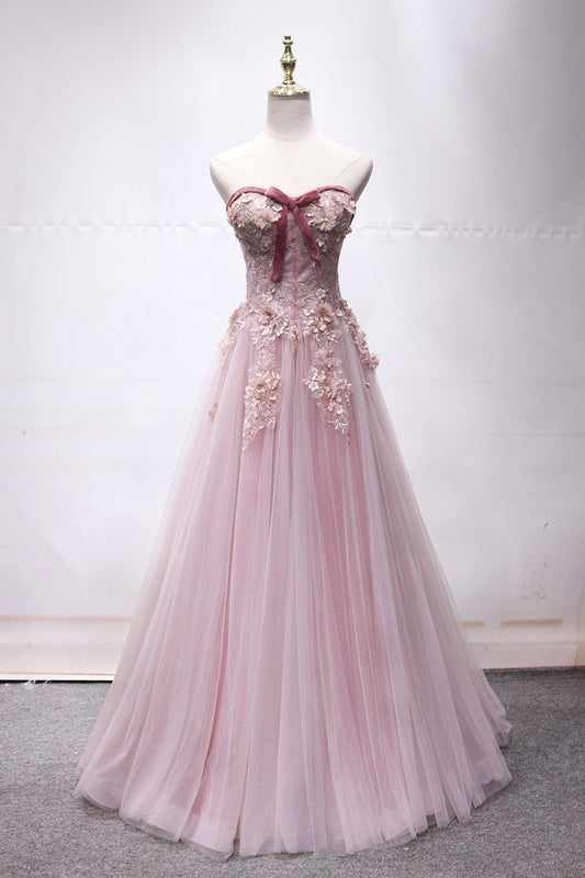 Pink sweetheart tulle lace long prom dress, pink lace evening dress