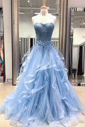 Blue sweetheart neck tulle lace long prom dress, blue lace evening dress