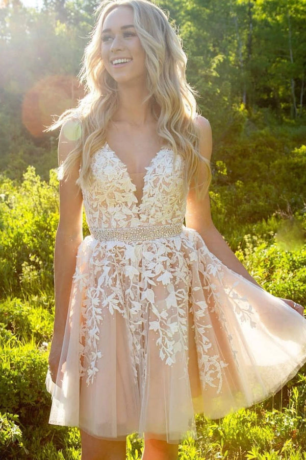 Cute champagne v neck lace short prom dress, cute homecoming dress