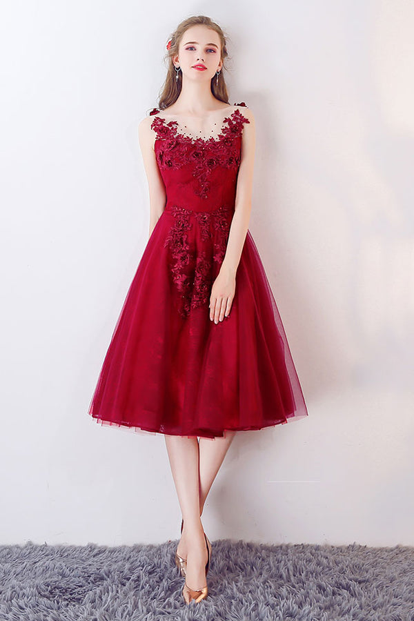 Unique burgundy round neck tulle prom dress, burgundy evening dress