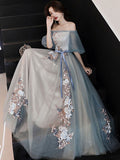 Gray blue tulle lace long prom dress, gray tulle formal dress