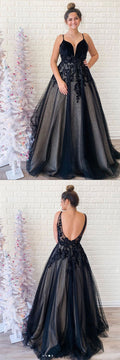Black v neck tulle lace long prom dress black evening dress