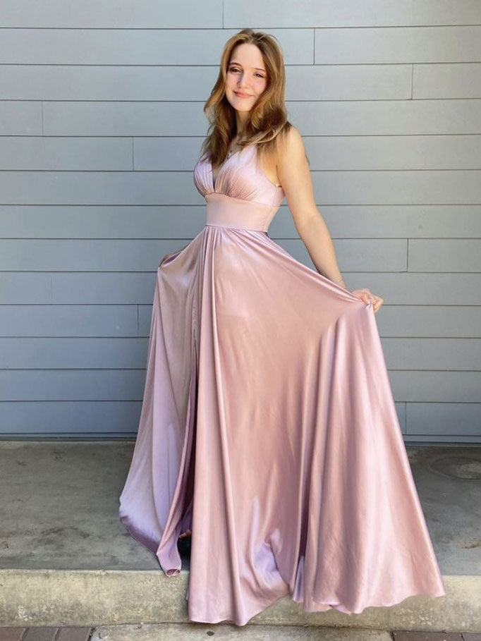 Simple pink satin long prom dress, pink evening dress