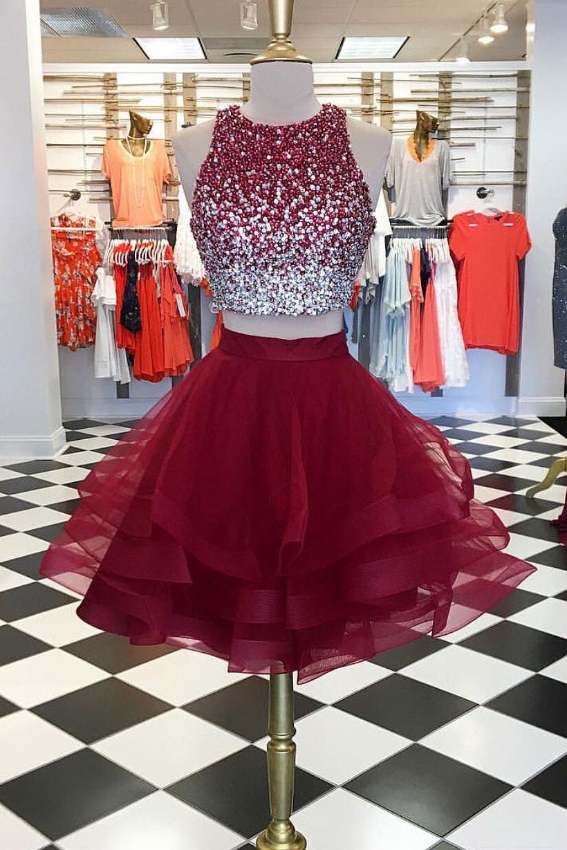 Burgundy two pieces tulle sequin short prom dress, homecoming dress