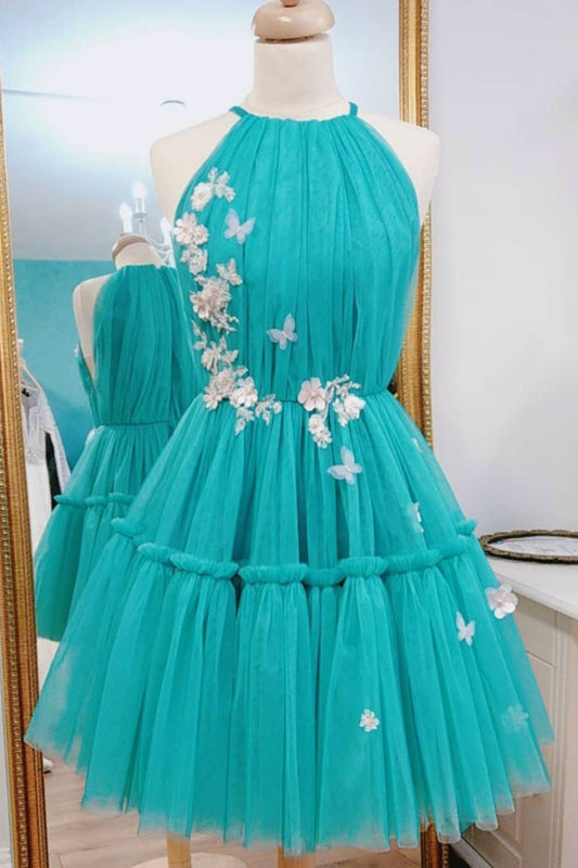 Green tulle short prom dress, green tulle homecoming dress