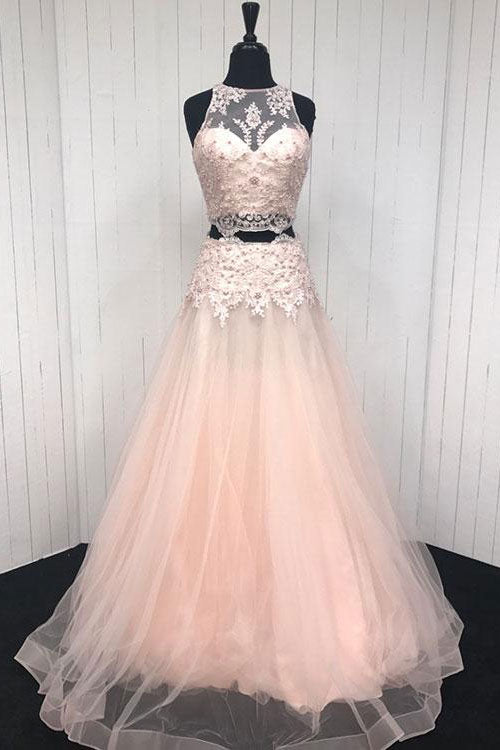 Pink two pieces lace tulle long prom dress, pink evening dress