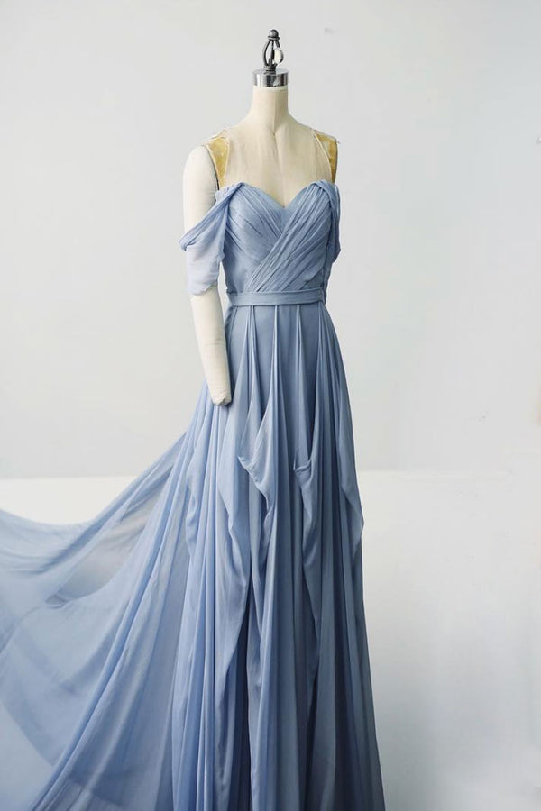 Simple chiffon gray blue long prom dress, gray blue evening dress