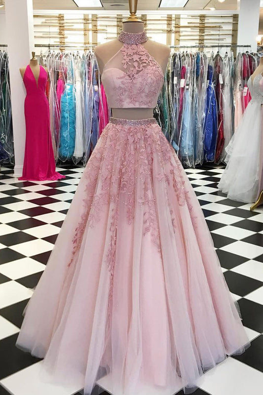 Pink two pieces tulle lace applique long prom dress, pink evening dress