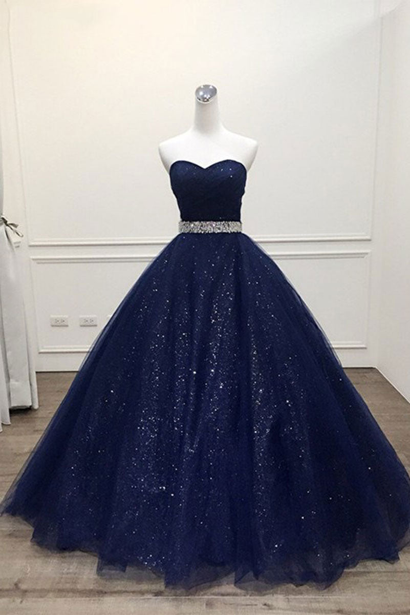 Dark blue tulle long prom dress, blue evening dress