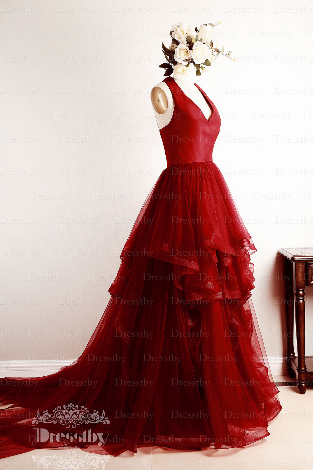 Burgundy v neck tulle long prom dress, burgundy evening dress