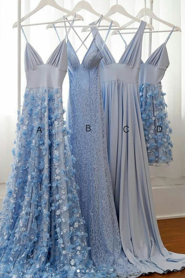 Blue tulle lace long prom dress, tulle formal dress