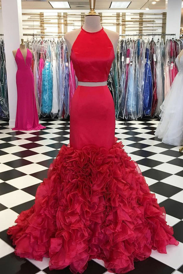 Red two pieces long prom dress, red evening dress