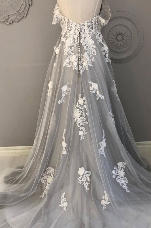 Gray lace sweetheart tulle long prom dress lace formal dress