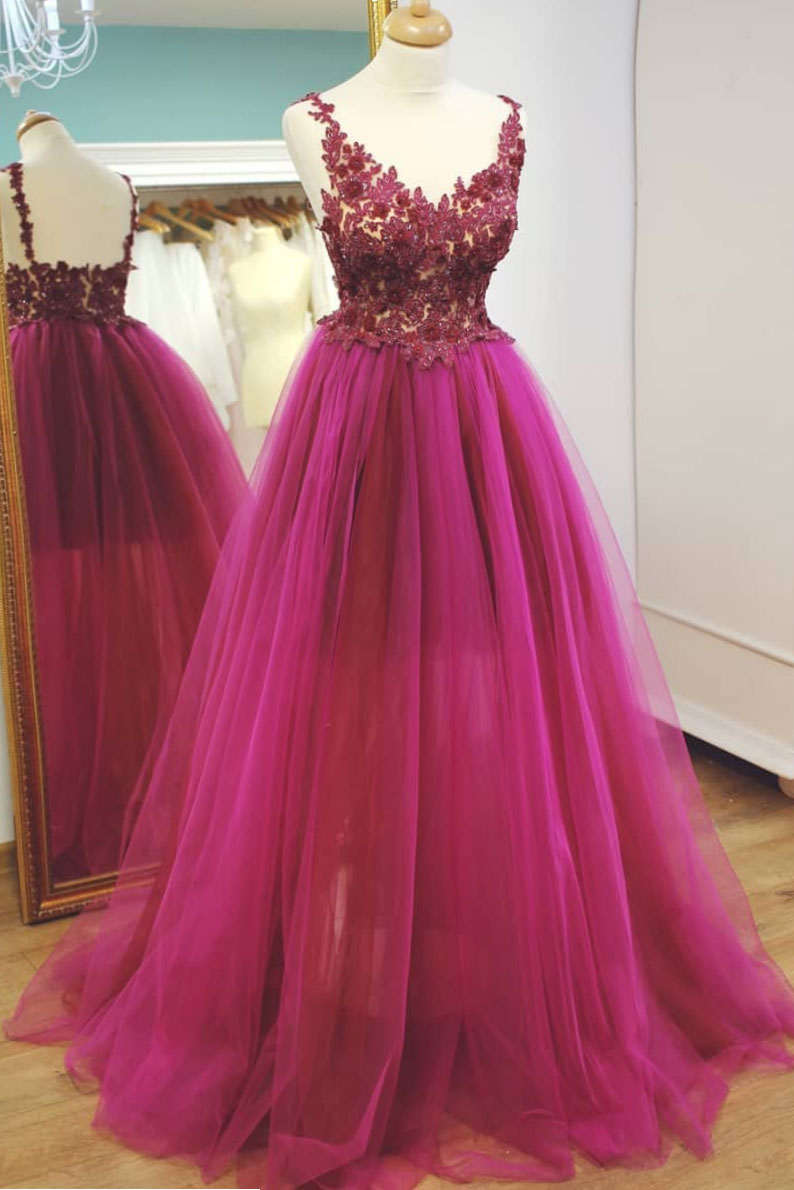 Cute lace tulle long prom dress, cute tulle evening dress