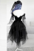 Black round neck tulle lace short prom dress black evening dress