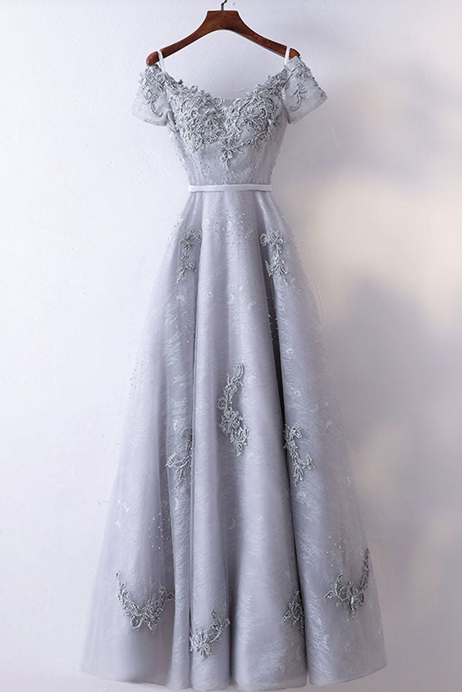 Gray v neck tulle lace beads long prom dress, bridesmaid dress
