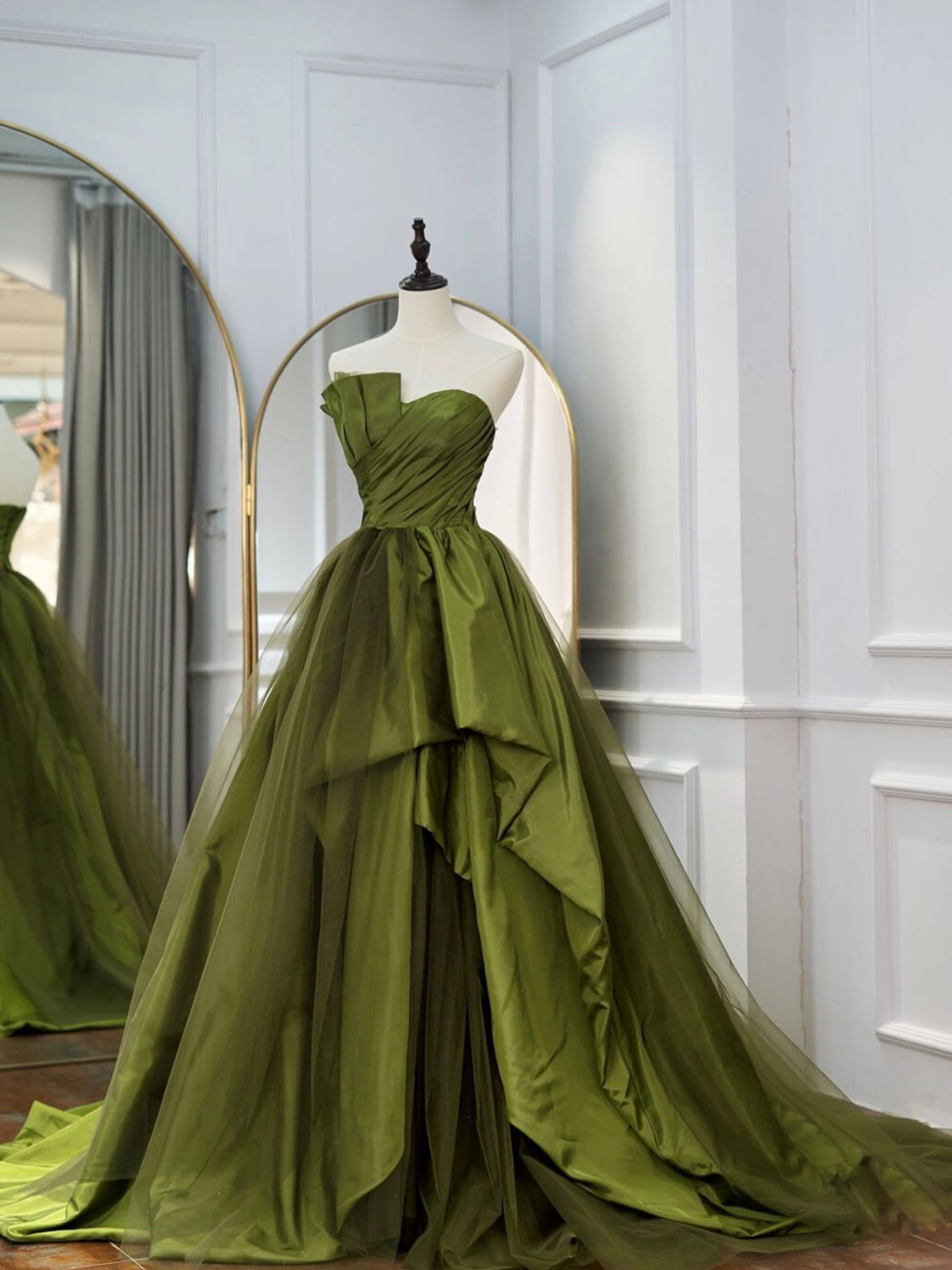 Green Satin Long Prom Dresses, Tulle Green Formal Evening Dresses