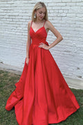 Red v neck satin long prom dress red satin evening dress