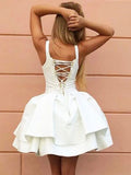 White v neck satin short prom dress, white homecoming dress