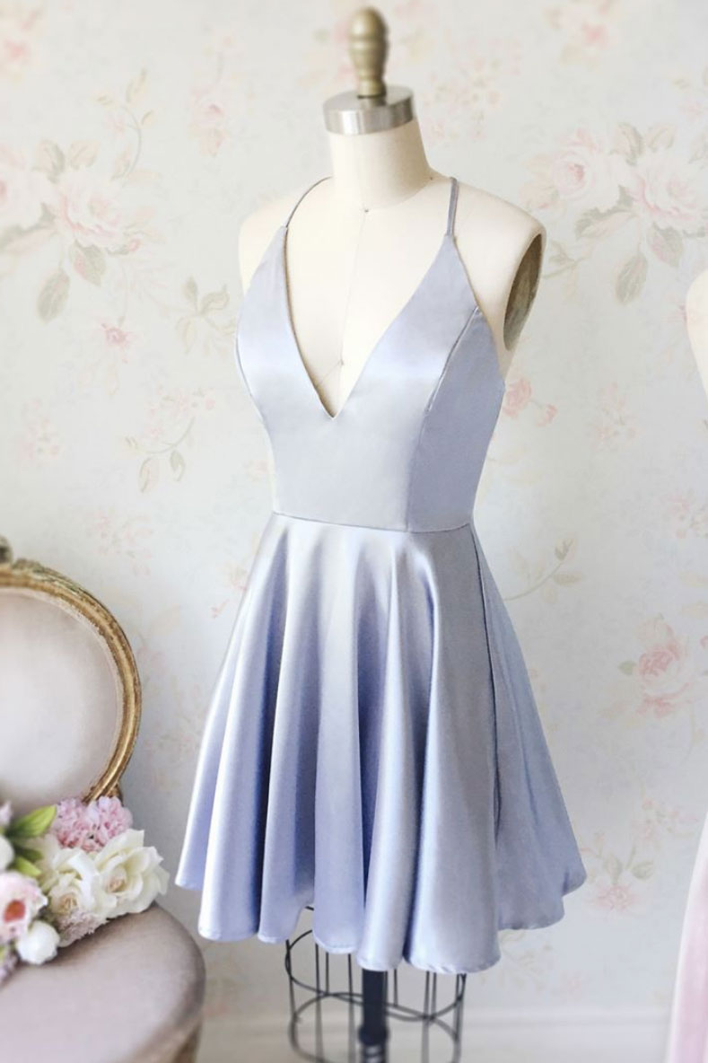 Light blue v neck short prom dress, blue homecoming dress