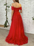 Simple red tulle off shoulder long prom dress, red tulle formal dress