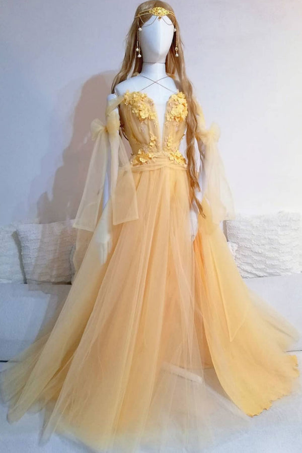 Yellow sweetheart lace tulle long prom dress yellow formal dress