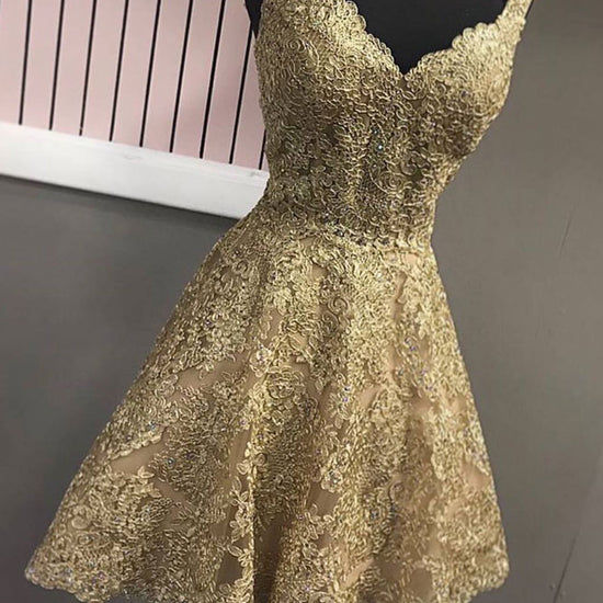 short gold dress Gold v neck lace short prom dress, gold homecoming dress – dresstby