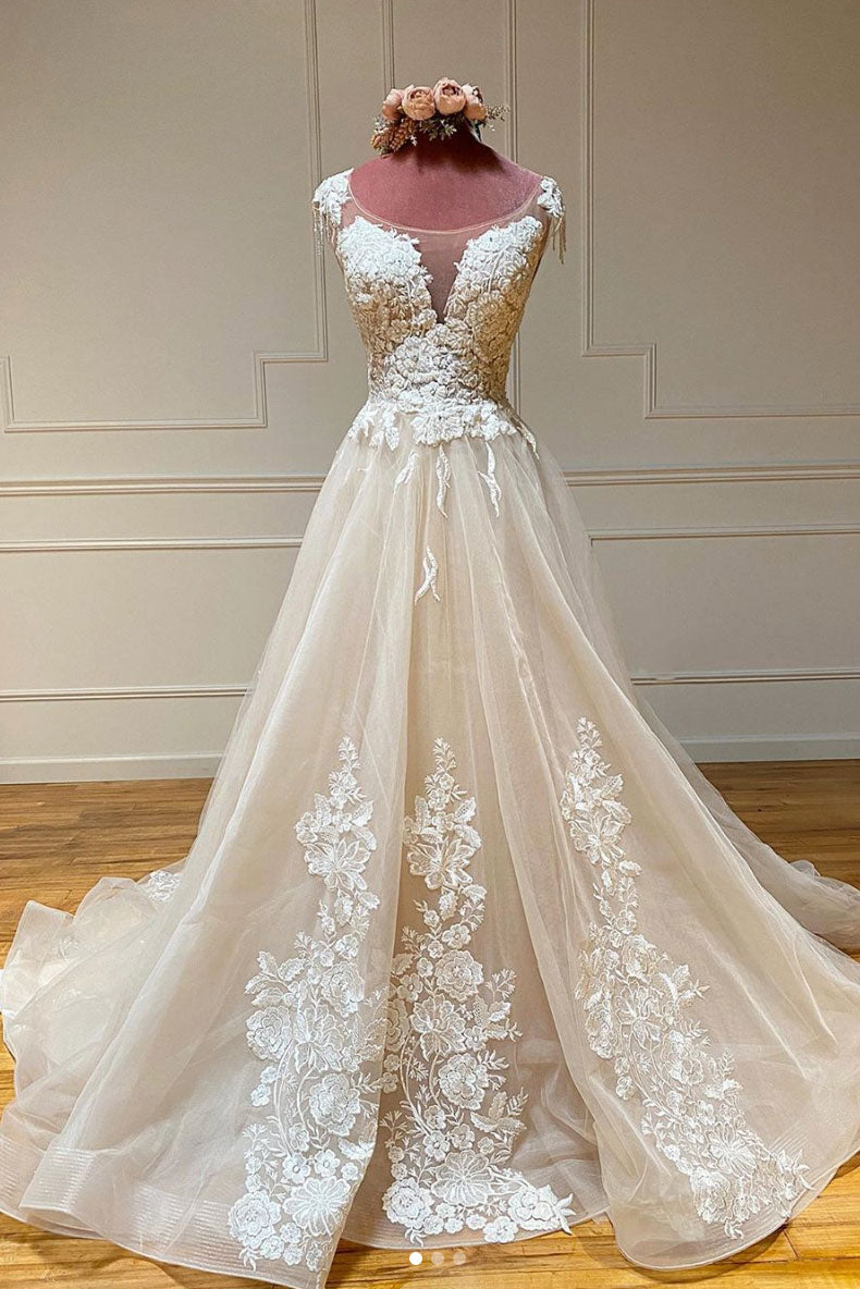 Champagne round neck tulle lace long prom dress lace formal dress