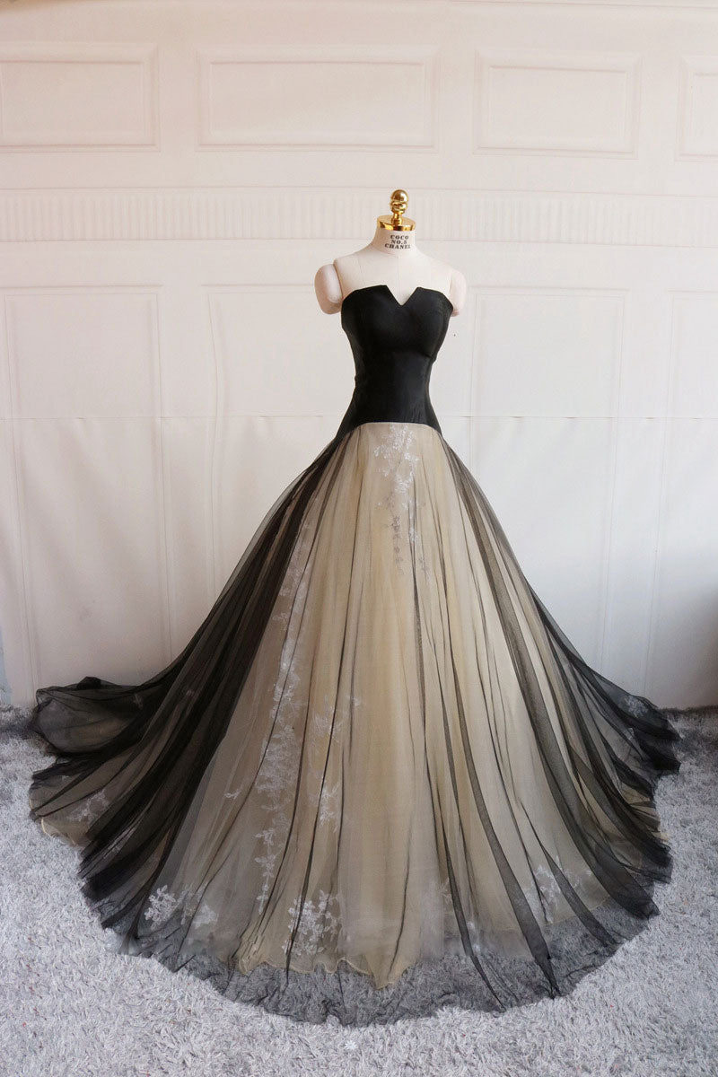 Simple black tulle long prom dress, black evening dress