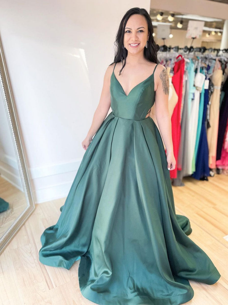 Simple v neck satin green long prom dress green long evening dress