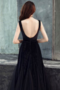 Simple black tulle long prom dress black evening dress