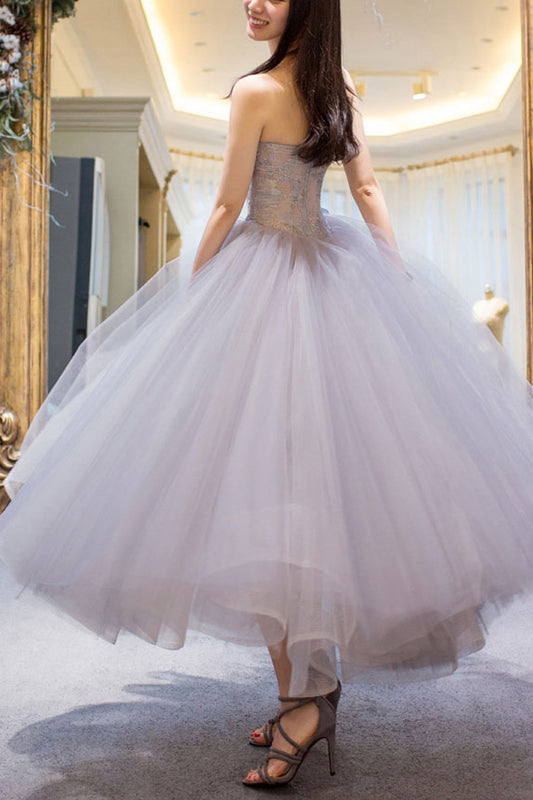 Gray sweetheart tulle lace short prom gown, gray lace cocktail dress