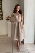 Simple v neck satin bridesmaid dress, tea length prom dress