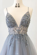 Gray v neck tulle long prom dress, gray tulle evening dress