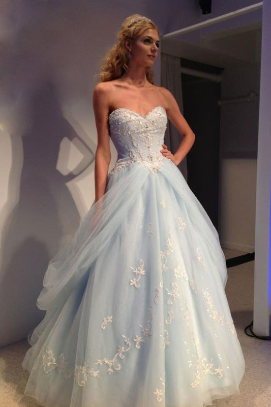 Blue sweetheart neck tulle lace aaplique long prom dress, blue evening dress