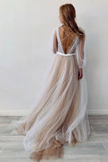 Champagne tulle lace long prom dress lace evening dress