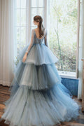 Blue round neck tulle sequin long prom gown blue formal dress
