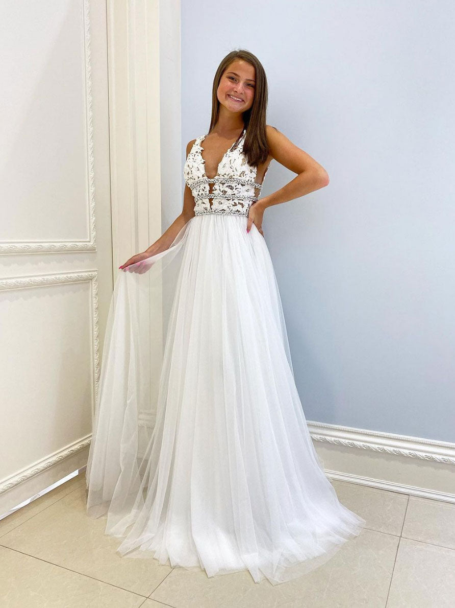 White v neck tulle lace long prom dress white lace formal dress