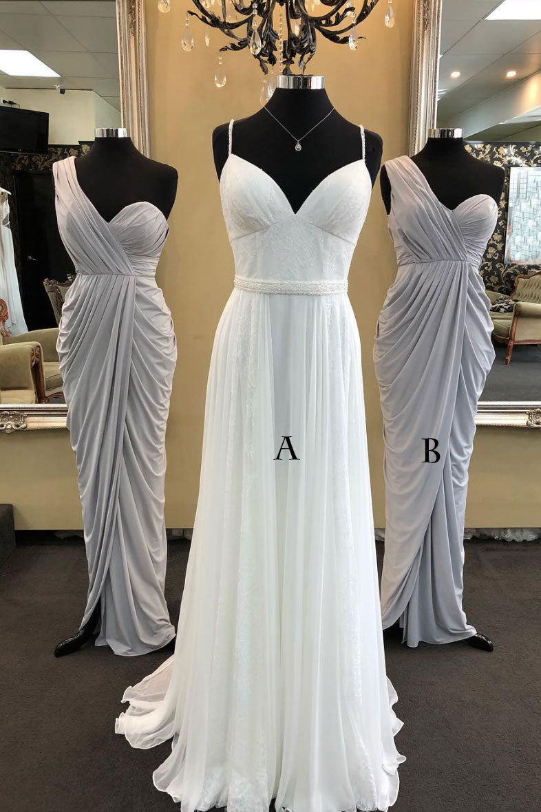 Simple chiffon long prom dress, white chiffon bridesmaid dress