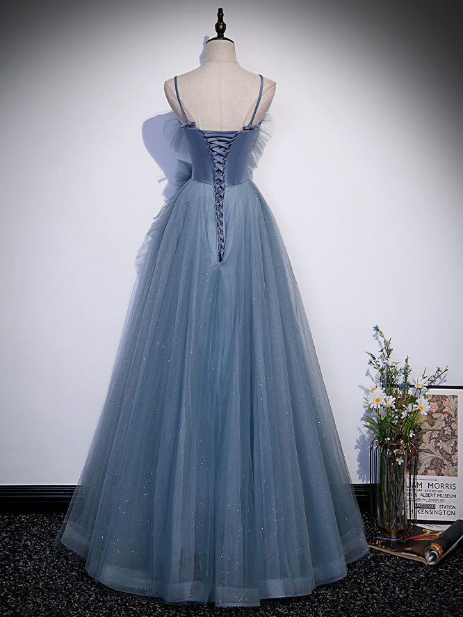 Gray blue tulle long prom dress, gray blue A line evening dress