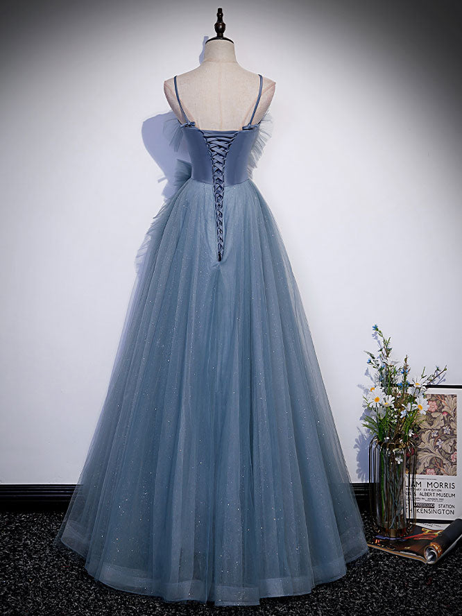 Gray blue tulle long prom dress, gray blue A line evening dress dresstby Gray blue tulle long prom dress, gray blue A line evening dress dresstby