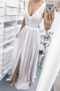 Light pink tulle lace long prom dress tulle lace bridesmaid dress