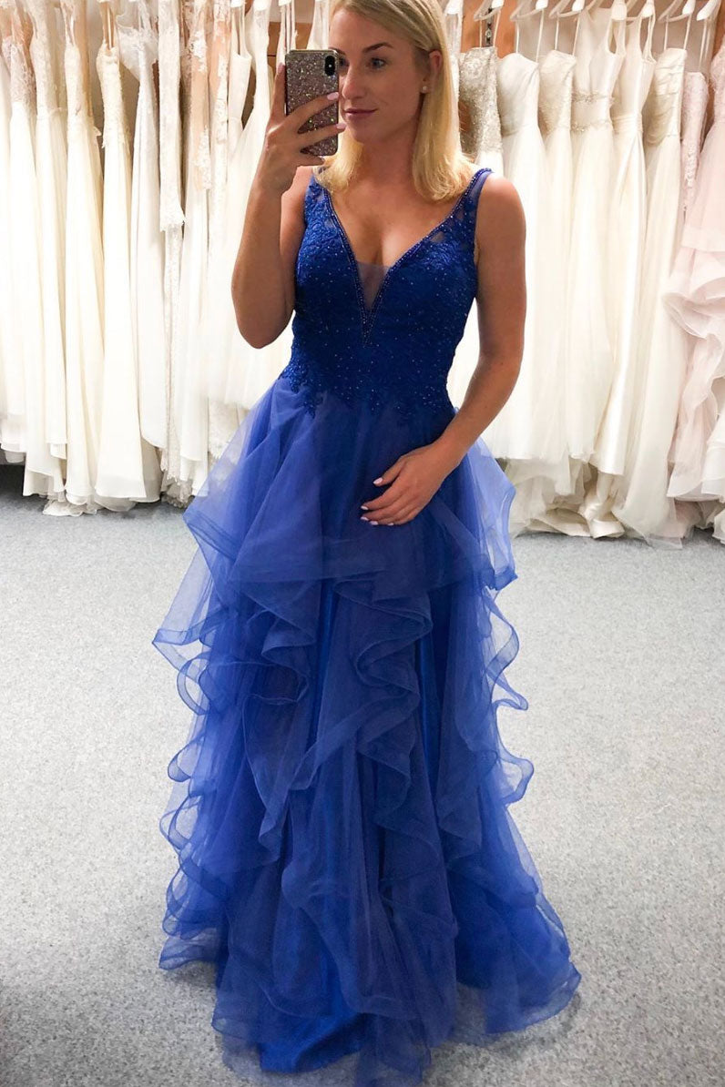 Blue v neck tulle lace long prom dress blue tulle formal dress